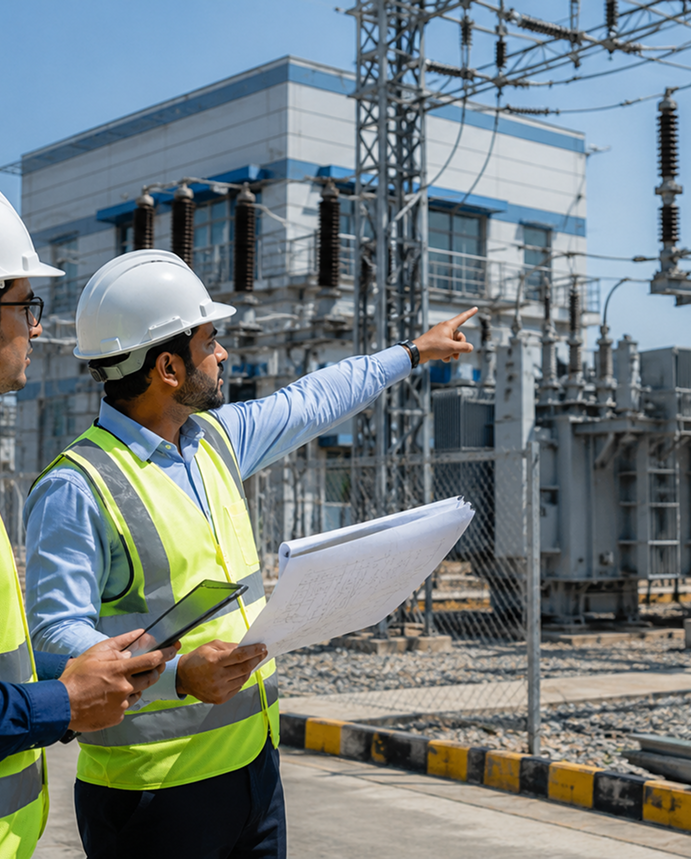 Engineers reviewing plans at a substation